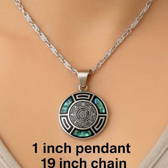 Sterling silver 925 Roman coin pendant necklace abalone inlay Greek key 19 inch - Picture 1 of 12